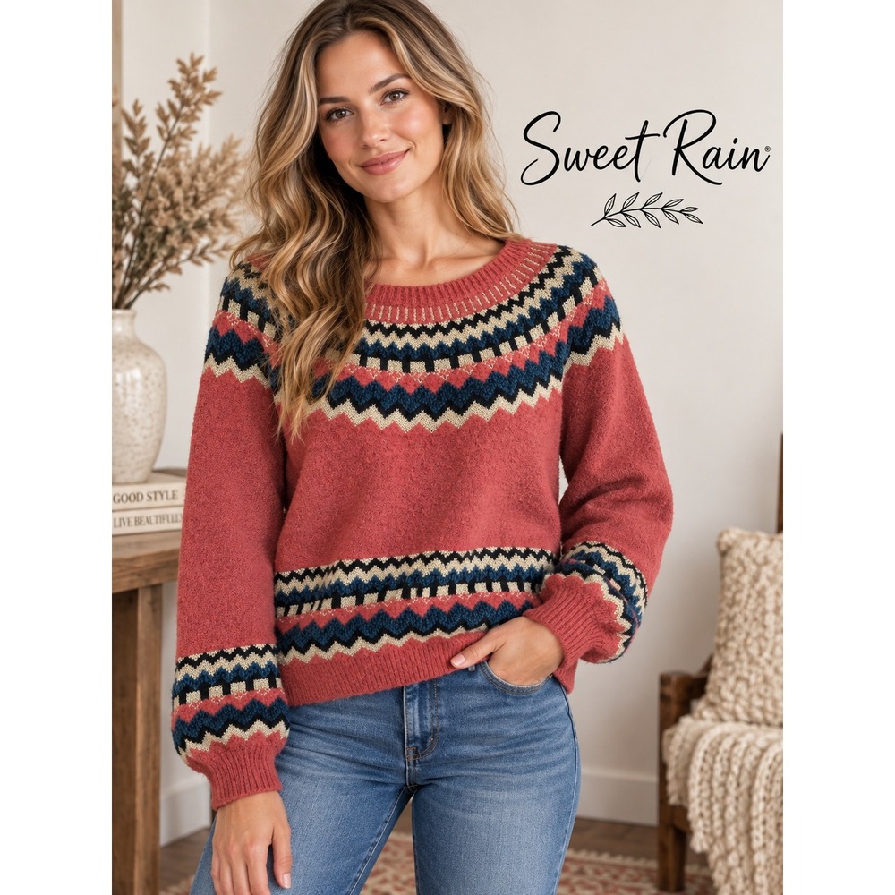 Sweet Rain Womens Fair Isle Metallic Knit Sweater Red Gold Puff Sleeve Size M
